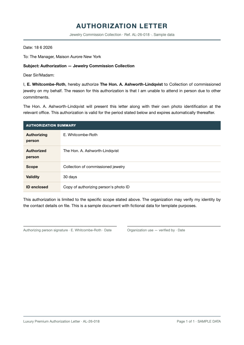 Luxury premium authorization letter